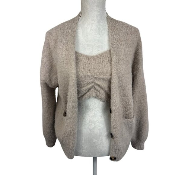 Hazel Moon Women's S Cozy Fuzzy Bralette & Sweater Set Beige - Picture 1 of 10